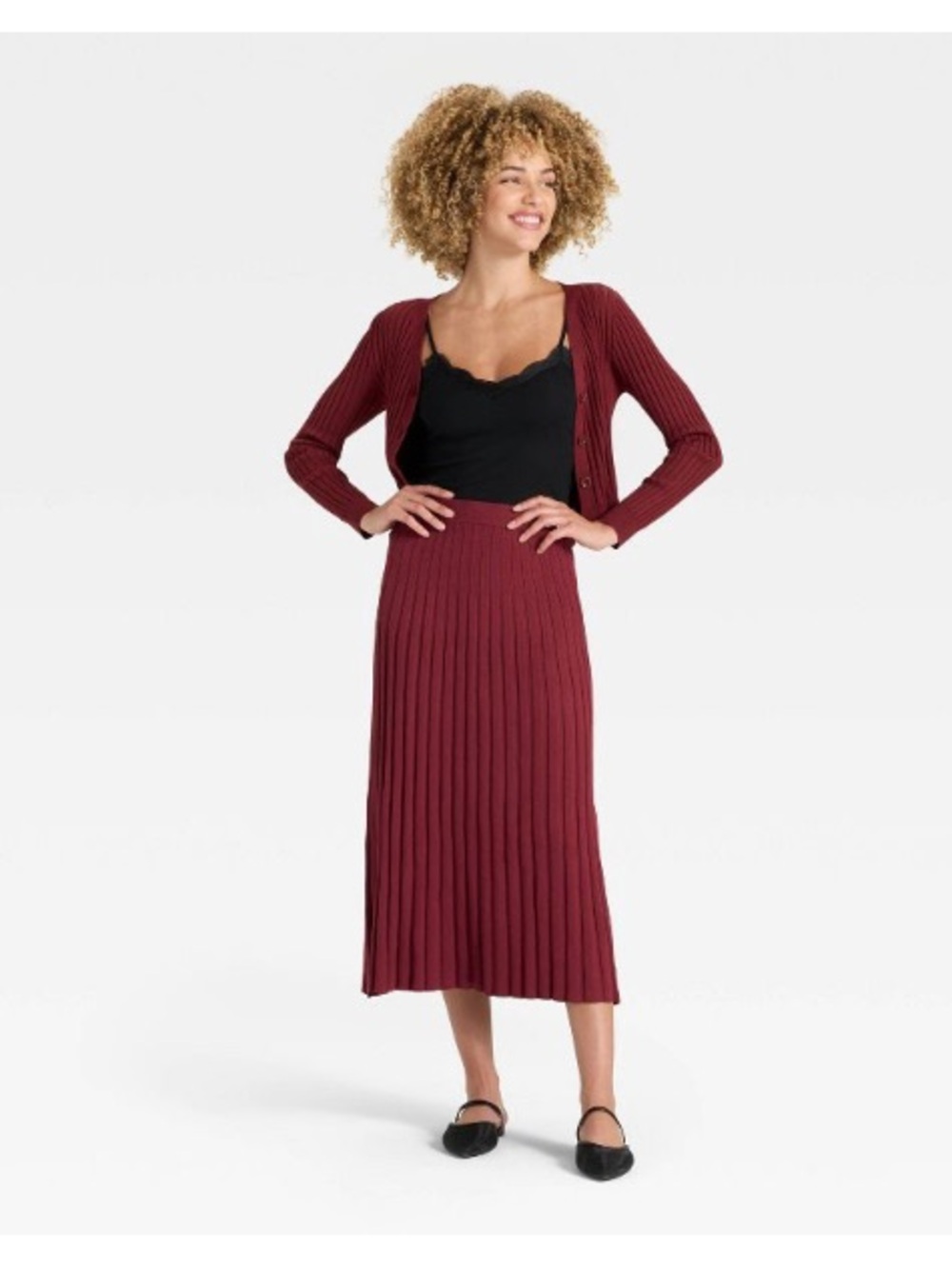 a new day Maroon Ribbed Midi Sweater Skirt XS New Burgundy Pencil Knife Pleated